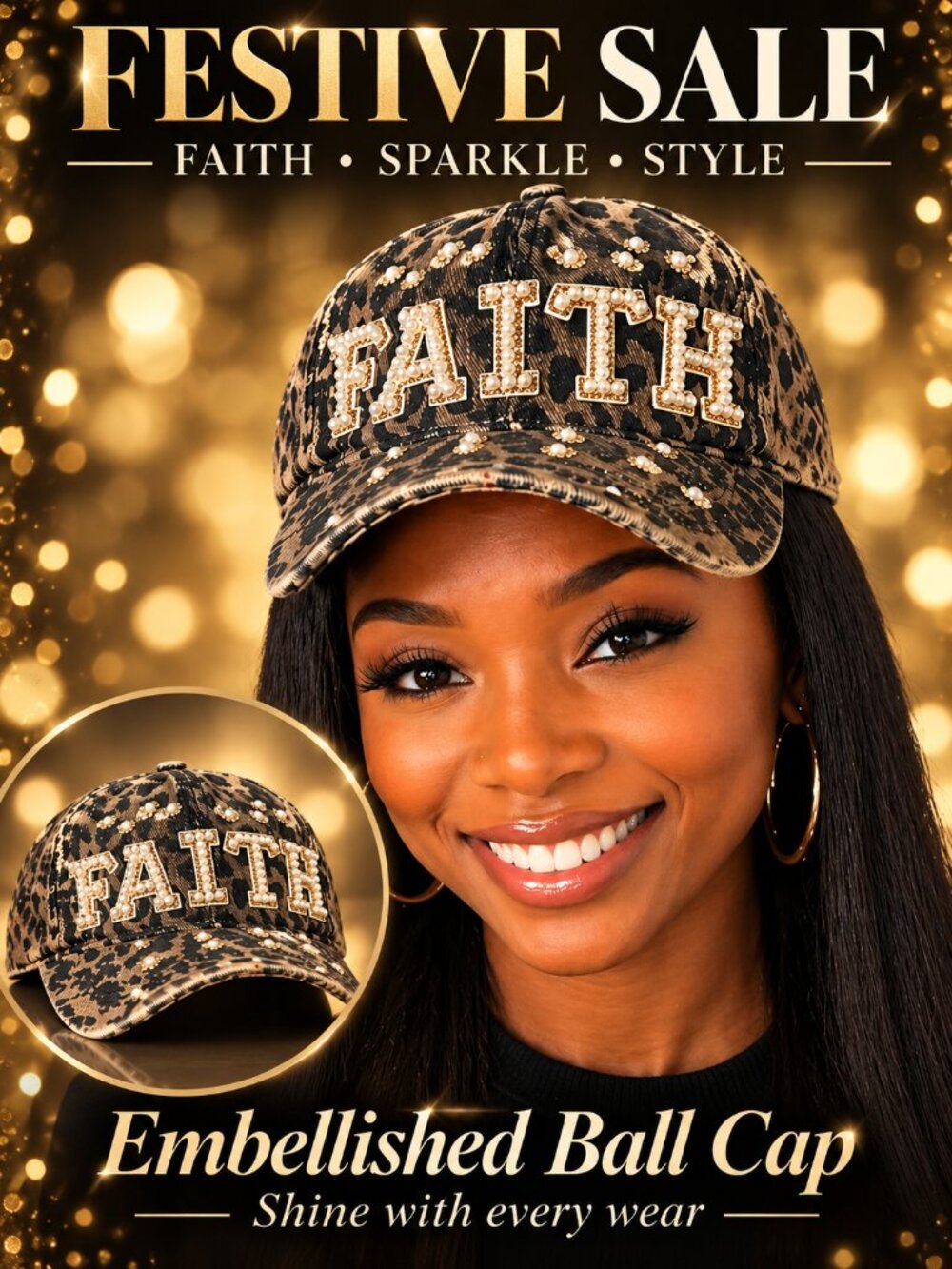 Faith Pearl & Rhinestone Leopard Print Cap